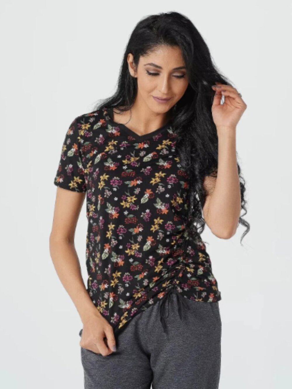 Cuddl Duds Flexwear V-Neck Tee with Side Tie-Black Floral-Small-A373511-NEW